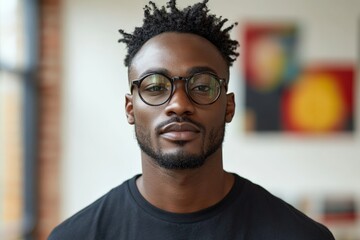 Obraz premium Man with stylish glasses poses confidently in modern indoor setting showcasing contemporary art