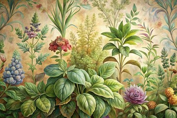 Organic Herb Illustrations on Vintage Transportation Wallpaper - Stock Photo