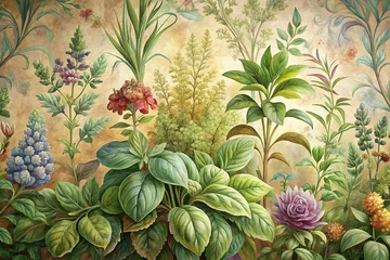 Photo sur Plexiglas Organic Herb Illustrations on Vintage Transportation Wallpaper - Stock Photo