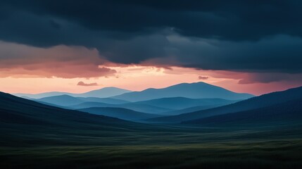 Fototapeta premium Serene Mountain Landscape with Dramatic Cloudy Sunset Sky