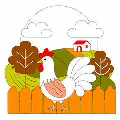 Cute Hen Farm Illustration:  Autumnal Colors, Simple Style.