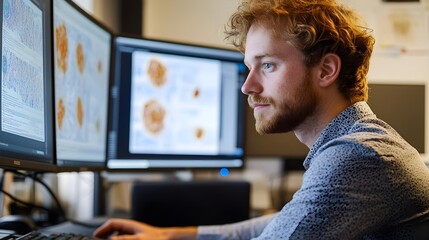Focused male scientist analyzing data on multiple computer screens in a lab setting