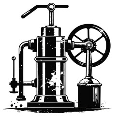 A detailed close-up of a vintage, rusty pump machine showing significant wear and tear on its metal components.