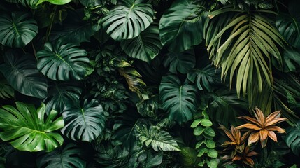 A lush collection of tropical leaves fills the frame, showcasing various shades of green and textures, creating a vibrant and serene atmosphere.