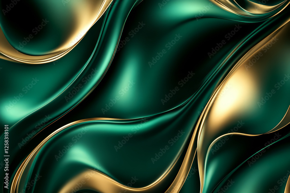 Wall mural A luxurious deep emerald green and gold abstract background with fluid, swirling textures, metallic highlights, and an elegant feel. Perfect for high-end, sophisticated branding.