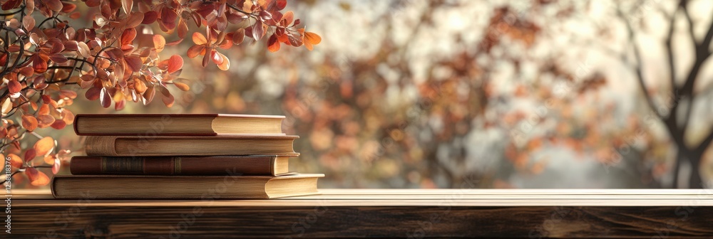 Leinwandbilder charming stack of books on rustic wooden shelf with autumn leaves in the background. generative ai