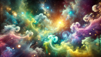 Obraz premium A cosmic or dream-like environment surrounded by swirling, colorful mist and light particles with glowing nebula-like