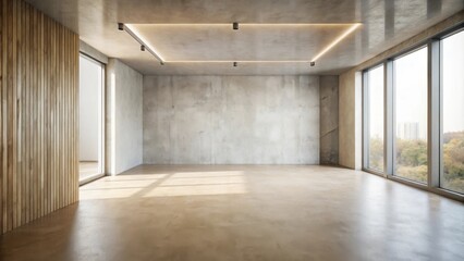 Obraz premium Spacious, sunlit empty room with concrete wall, wooden paneling, and large windows offering a scenic view.