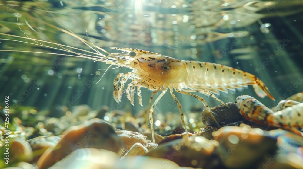 Poster a crayfish moves gracefully along a rocky riverbed, surrounded by pebbles and illuminated by shafts 