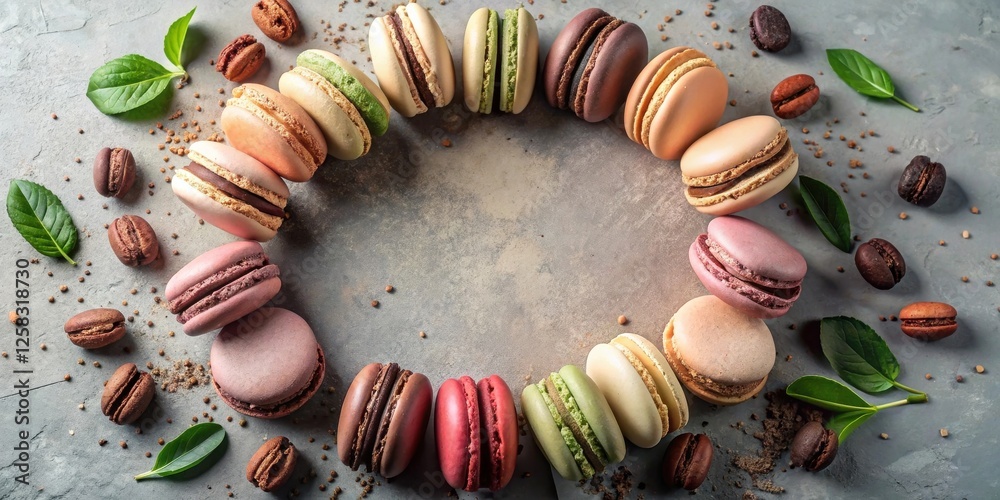 Poster A delightful circular arrangement of colorful macarons and coffee beans, accented with fresh green leaves, creating a visually appealing and appetizing image.