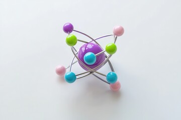 Obraz premium A Babel model of an atom with protons and various colored balls on a white background, simple composition
