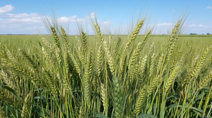 Green wheat field under sunny sky. Agriculture, summer harvest