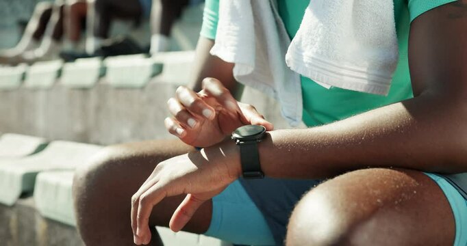 Man, hands and tracking workout with smart watch at stadium for fitness app, exercise or training routine. Closeup, male person or runner with wristwatch for sport feed, step counter or performance