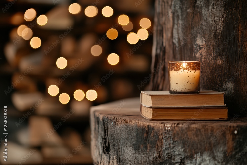 Aufkleber rustic wooden shelf adorned with stacked books and a candle creating a cozy atmosphere for reading. 