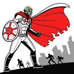 Design a powerful, decaying yet heroic zombie superhero, clad in repurposed materials, battling hordes of feral zombies.  Showcase unique weaponry and tactical prowess.