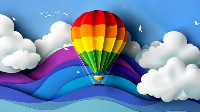 Colorful Hot Air Balloon Flying in a Bright Summer Sky Illustration