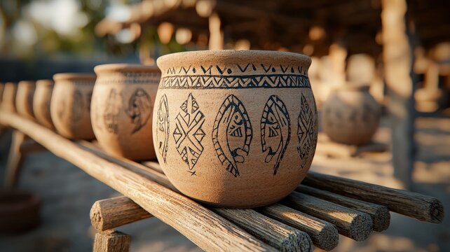 handicrafts pottery technique concept. Traditional pottery displayed on wooden racks outdoors.