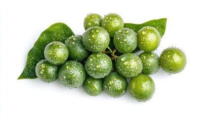 Fresh green grapes with dew drops, studio shot, white background, food photography