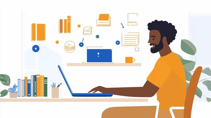Naklejka premium Man working laptop home office productivity