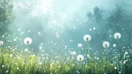 Obraz premium Enchanted Dandelion Meadow: A Serene Springtime Fantasy