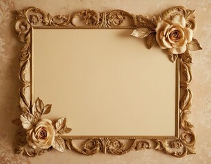 Elegant vintage frame adorned with golden roses against a textured background.