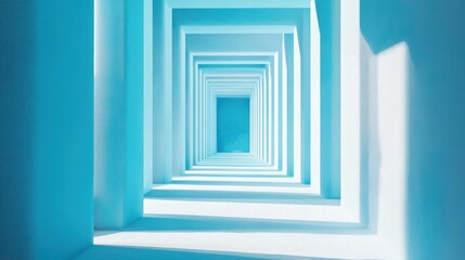 Obraz premium A mesmerizing perspective of a blue corridor, showcasing an endless series of geometric shapes and shadows, evoking a sense of depth and tranquility.