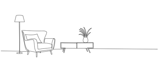 continuous line drawing showcases minimalist Scandinavian furniture and plant. Scandinavian stylish furniture for living room or hotel concept in simple linear style. Doodle illustration