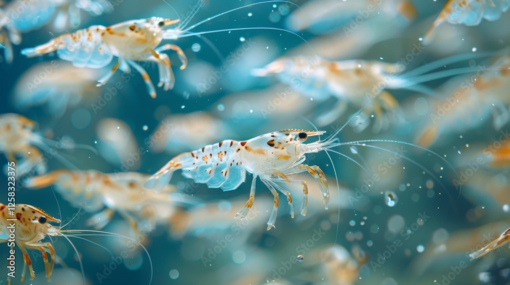 Poster numerous shrimp glide through a clear ocean environment, displaying their iridescent bodies and deli