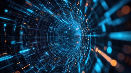 Obraz premium A mesmerizing tunnel of light and data, showcasing the dynamic flow of digital information through vibrant blue and orange particles.