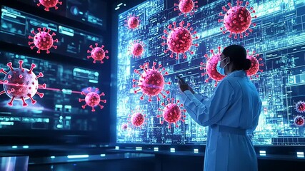 Scientist analyzing virus data on large interactive digital displays. - Powered by Adobe