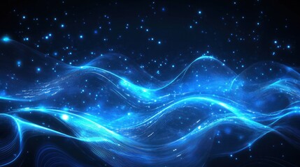 Fototapeta premium A mesmerizing wave of blue light glimmers against a dark backdrop, creating an ethereal and tranquil ambiance perfect for digital backgrounds.