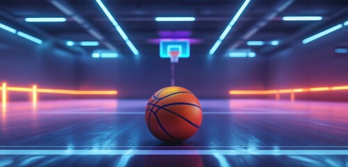 A basketball is placed at the center of an indoor court, with neon lights shining in front and behind it.