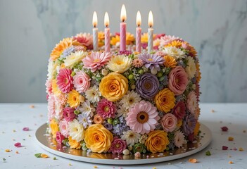 A beautiful birthday cake made of colorful flowers