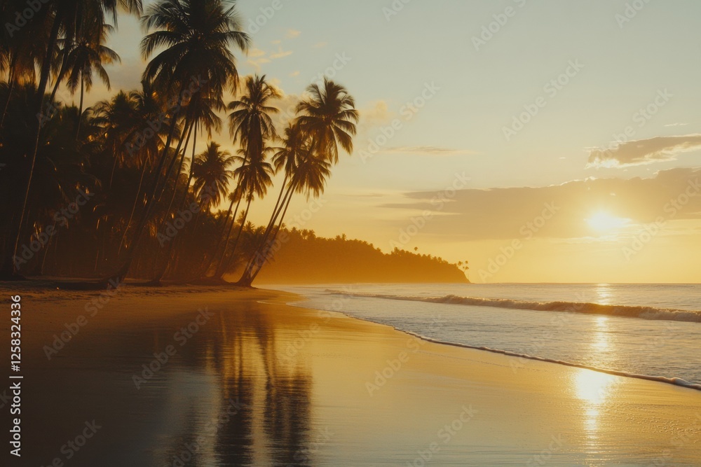 Poster sunset over tranquil beach with palm trees and gentle waves reflecting golden light near tropical co