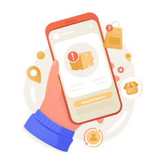 Hand holding phone with package return request page vector illustration
