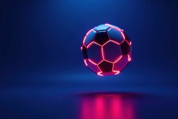 Naklejka premium Glowing neon soccer ball suspended in mid-air over a deep blue background with subtle gradient effect, background, gradient, glowing