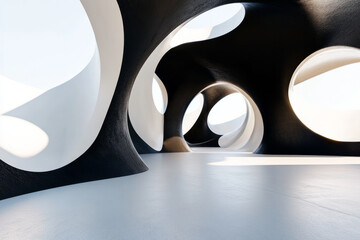 minimalist black & white abstract structure with smooth, sleek surfaces and simple curvatures, creating a modern yet peaceful vibe.