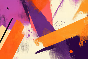 A modern orange and purple abstract background with geometric shapes, bold brush strokes, and vibrant colors. A fun, energetic, and youthful composition perfect for creative projects.