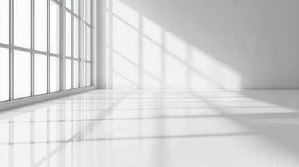 A minimalist vacant room featuring large windows that cast long shadows on the polished floor, ideal for modern interior design concepts and light studies.