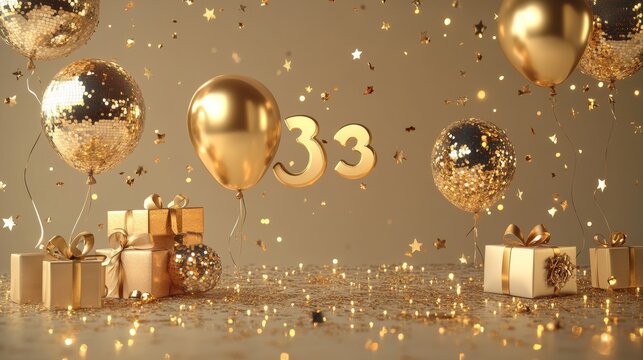 Gold festive balloons 3 year anniversary with golden confetti, presents, mirror ball and stars fly on a beige background with bokeh lights and sparks. Birthday luxury three card, a creative idea