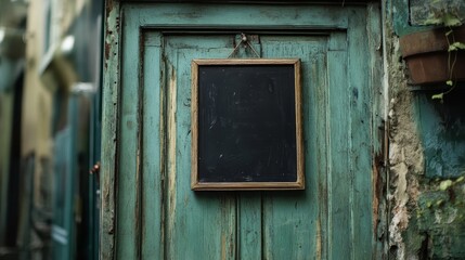 Black hanging open sign in the green wooden door of retail store, business background