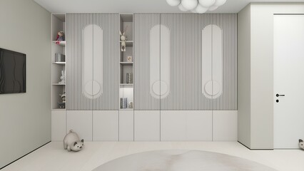 A modern child's room with a sleek TV, ample white storage, and a playful seal plush. The minimalist design blends functionality and fun