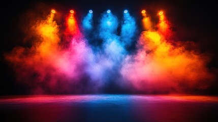 Colorful stage lights, smoky backdrop, performance