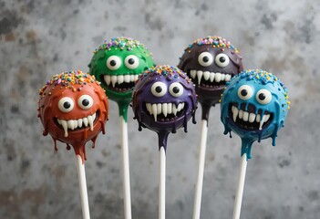 Mini cakes shaped like monsters with colorful chocolate glaze and sugar sprinkles, placed on a concrete background