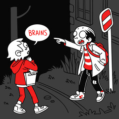 Illustrate a conversational scene between two zombies, one expressing a philosophical dilemma, the other offering a darkly humorous retort; focus on detailed facial expressions and decaying features.