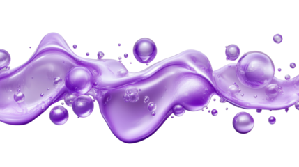 Realistic purple liquid splashing with bubbles on transparent background