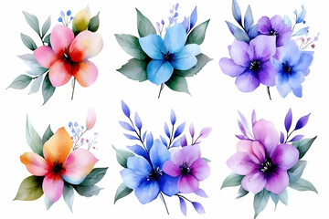 Watercolor Floral Bouquets, Six Delicate Spring Blooms in Vibrant Hues, Arranged Beautifully for Artistic Designs and Projects.