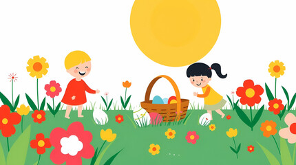 illustration of kids playing with Easter Eggs and green grasss background ai 