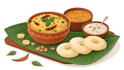 South Indian Breakfast Delight: Upma and Medu Vada served on a banana leaf with sambar and chutney. A vibrant and appetizing illustration of traditional South Indian cuisine. 