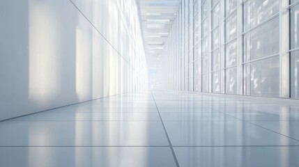 A modern corridor bathed in natural light, featuring sleek surfaces and minimalistic design. Ideal for concepts of innovation and spaciousness.